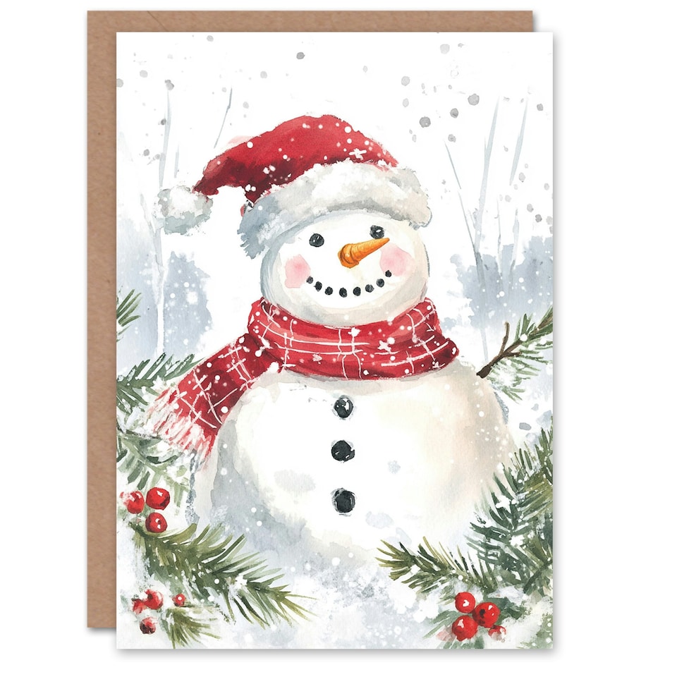 image 1 of Santa Hat Scarf Snowman Holly Blank For Him Or Her Art Xmas Festive Christmas Card