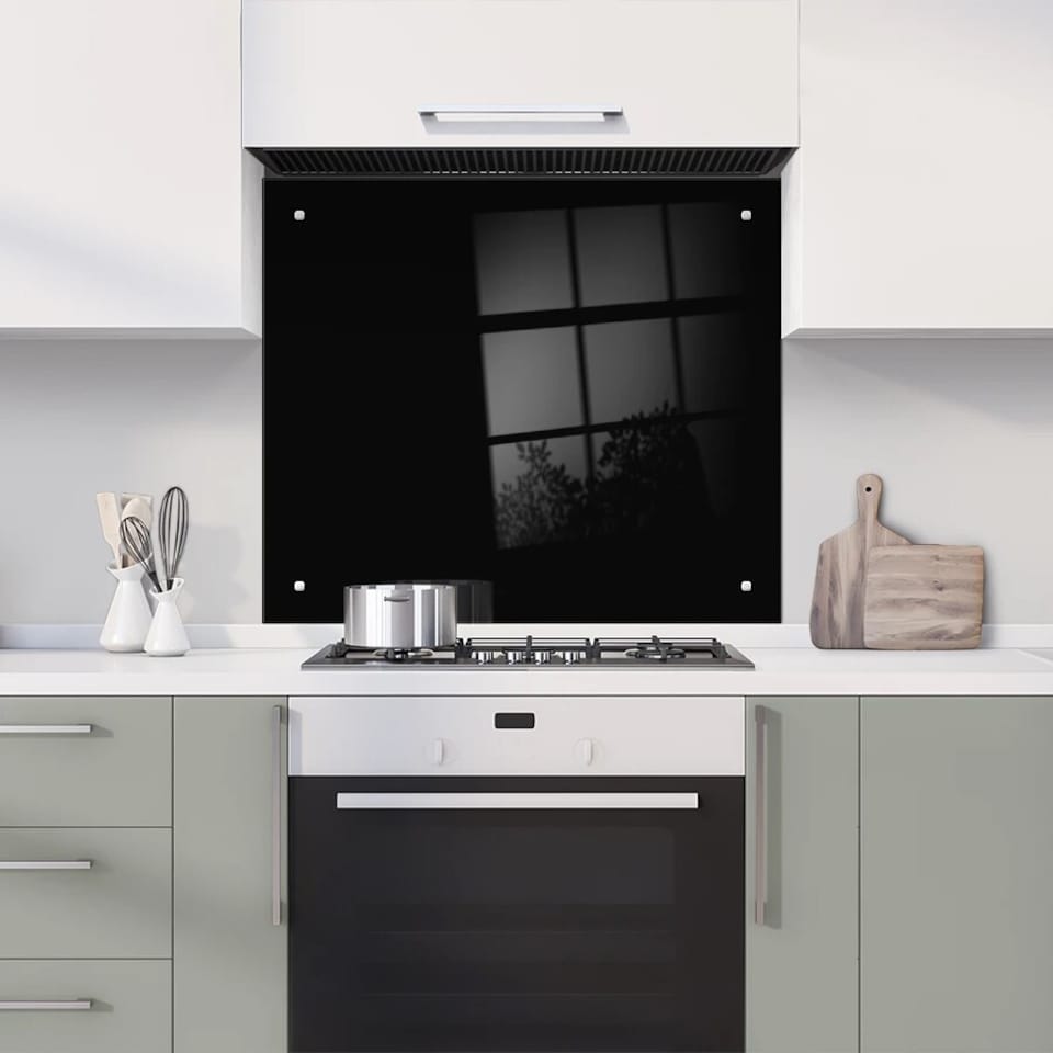 image 1 of 60 x 65cm Black Glass Kitchen Splashback Splatter Screen Pre Drilled Holes Wall Hanging Fixings Included