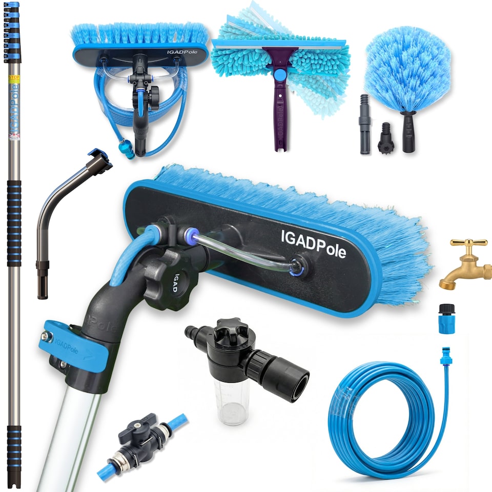 image 1 of IGADPole 8.6m (28ft) Washing Kit: Water-fed Brush, Cobweb Duster and 10”(25cm) Squeegee and Soap Dispenser