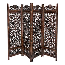 4 Panel Heavy Duty Carved Screen Wooden Lotus Design Room Divider Dark Brown 200 x 180 cm | Brown | Dark Brown | 200 x 180 cm