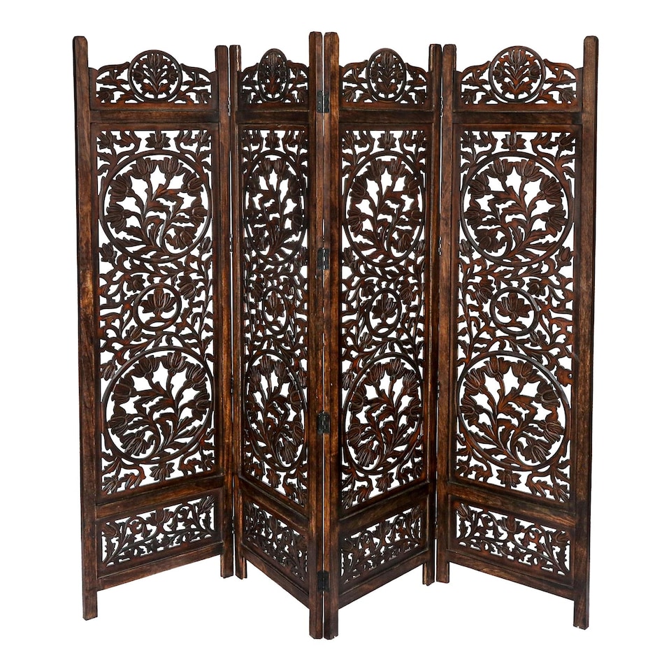 image 1 of 4 Panel Heavy Duty Carved  Screen Wooden Lotus Design Room Divider Dark Brown 200 x 180 cm | Brown | Dark Brown | 200 x 180 cm