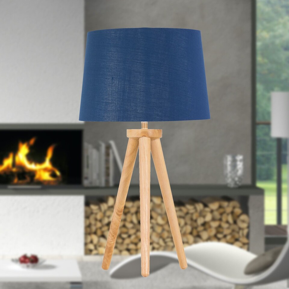 image 1 of Voyage - Light Oak Table Lamp Bedside Light with Navy & Silver Shade | Brown | Blue | Large | 1