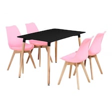 5PCs Dining Set - a Black Halo Dining Table & Set of 4 Lorenzo Tulip Chairs with Padded Seat | Pink