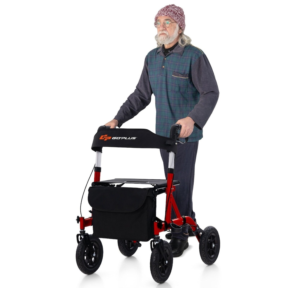 image 1 of COSTWAY Height Adjustable Foldable Rolling Walker with Seat Red