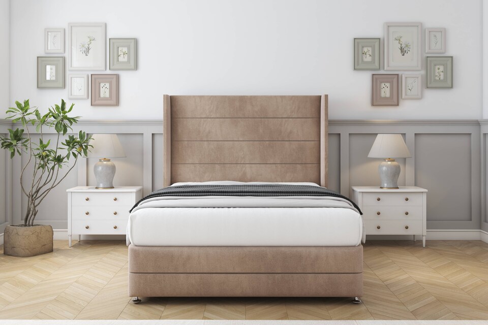 image 1 of Sloomy Sterling Mink Naples Divan Bed Base No Drawers With 54 Inch Wingback Headboard & 12 Inch Matching Footboard | Brown | Mink | Super King | 1