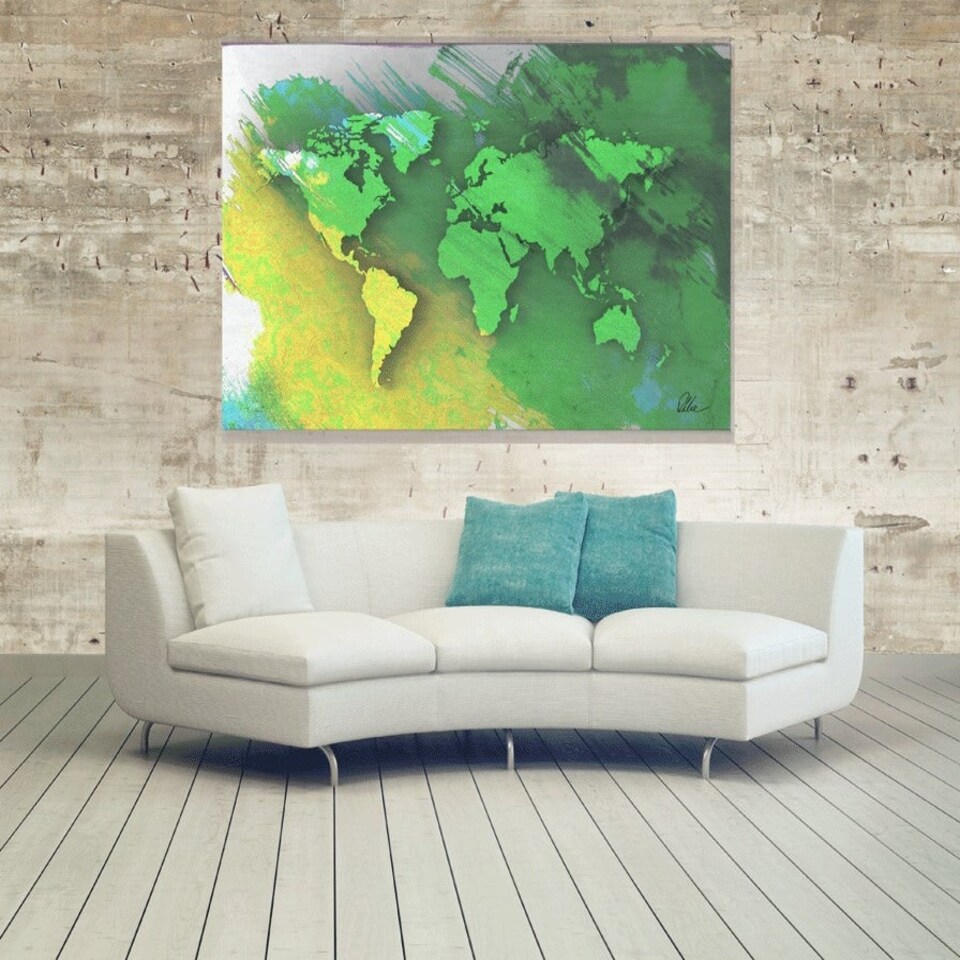 image 1 of World Map Yellow And Green (Canvas Print) 60" x 40"
