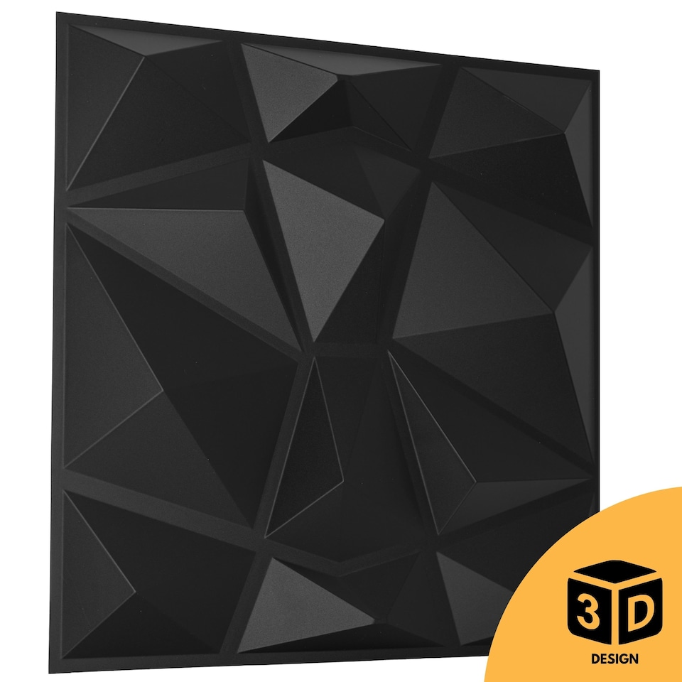 image 1 of NOVECRAFTO Geometric Diamond 3D Wall Panels – 6 Sheets Covering 1.5 sqm (16.15 sqft) – Matte PVC Cladding Panels 50x50cm Diamond Design Black