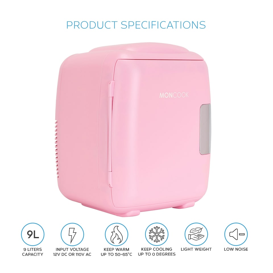 image 1 of MONCOOK Mini Fridge For Bedrooms - Small, Portable & Quiet Mini Fridges For Skincare, Medicine, Food & Drinks - Cooling & Warming Function - 9L - Pink Mono