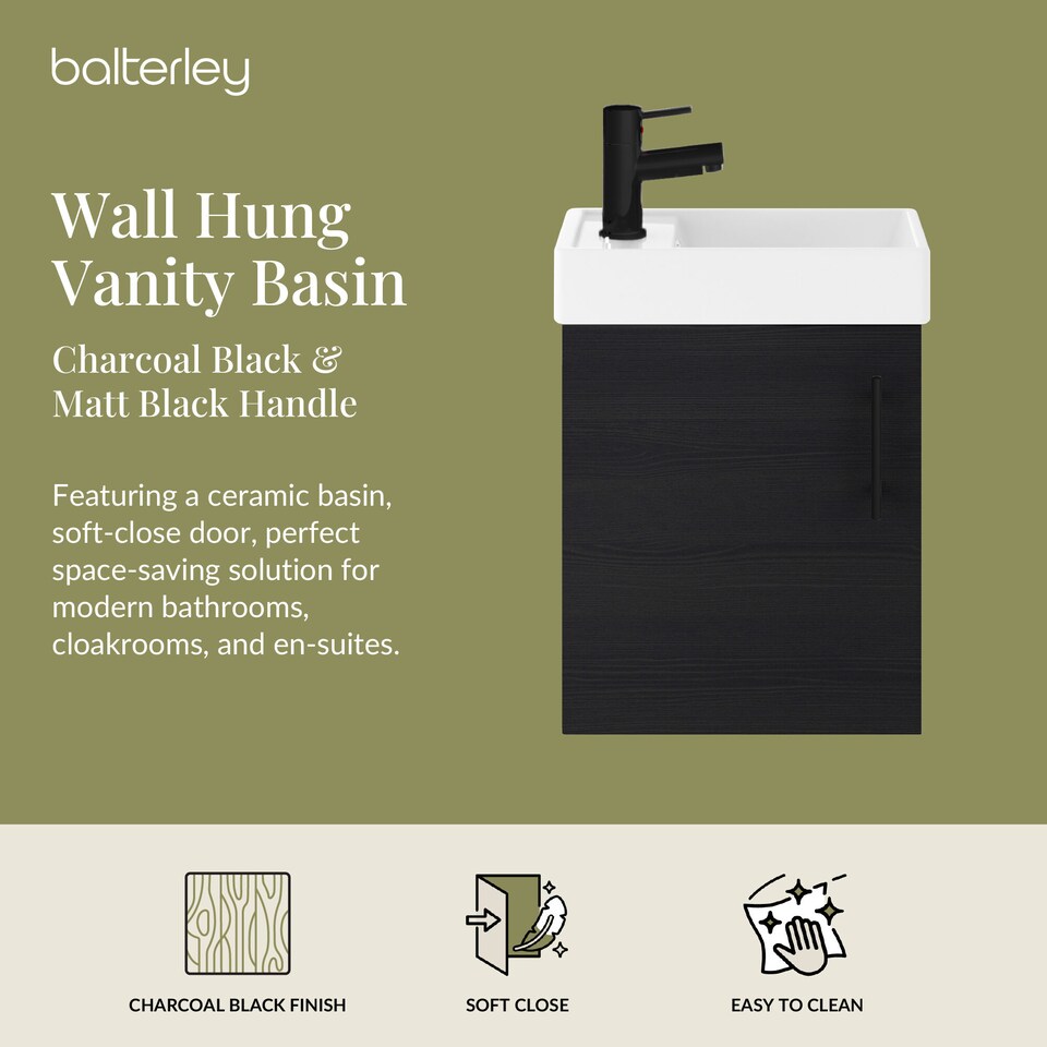 image 1 of Balterley Wall Hung Vanity Basin 400mm Charcoal & Matt Black Handle