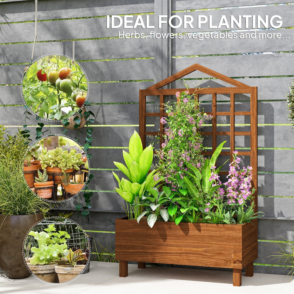 image 1 of Outsunny Wooden Garden Planters with Trellis for Vine Climbing Plants Brown | Brown | Brown