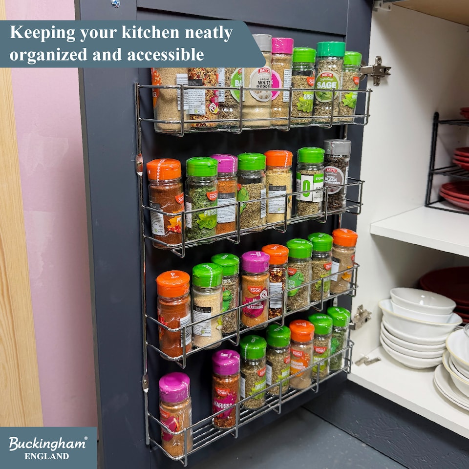 image 1 of Buckingham 4-Tier Spice Rack Cupboard Jar & Packet Organizer for Kitchen Storage 38.5 cm | Silver