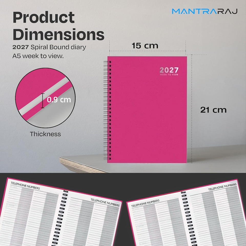 image 1 of 2027 Diary A5 Size Wiro Week to View Bright Diary Spiral Week To View Hardcover Diaries Planner Organizer (Pink)