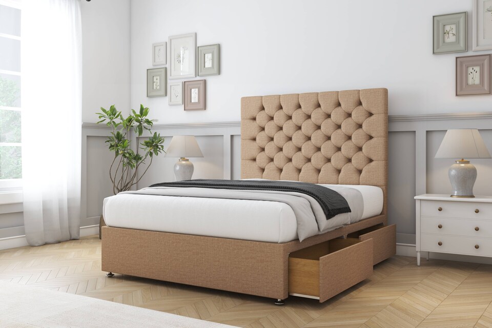 image 1 of Sloomy Mayfair Latte Dumfries Divan Bed Base 2 Drawers Foot-End With 54 Inch Floor Standing Headboard | Brown | Latte | Double | 1