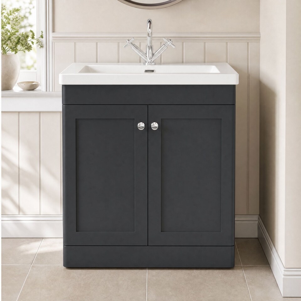 image 1 of Balterley Swynnerton Traditional 2 Door Floor Standing Vanity Unit with Fireclay Basin, Dark Grey, 800mm