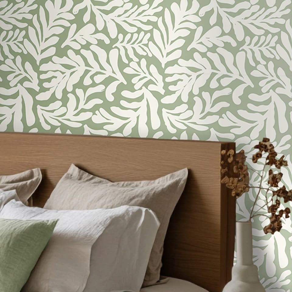 image 1 of Coral Leaf Wallpaper in Cream on Pistachio | Green | Light | 50cm x 10m
