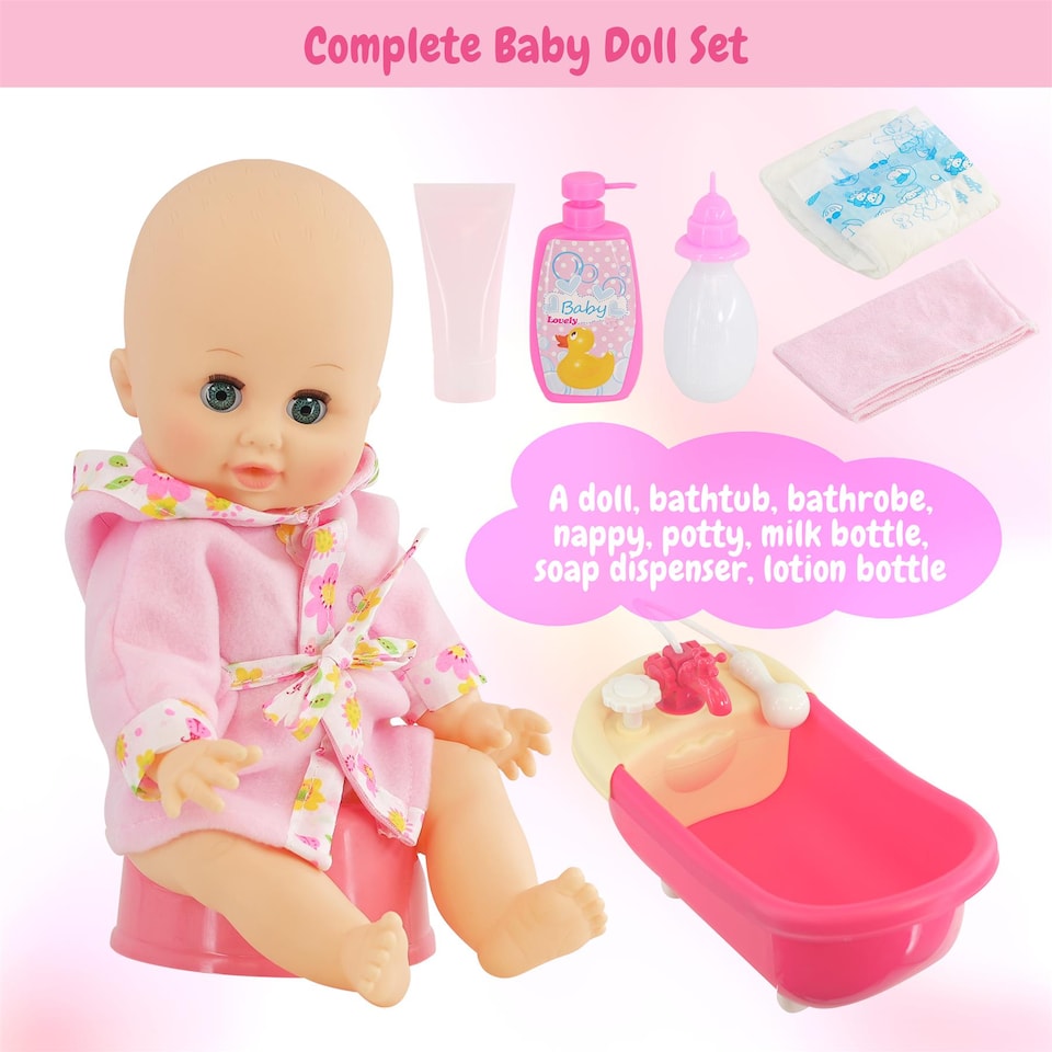 image 1 of BiBi Doll Bathtub Set with Working Shower, 13" Baby Doll & Accessories
