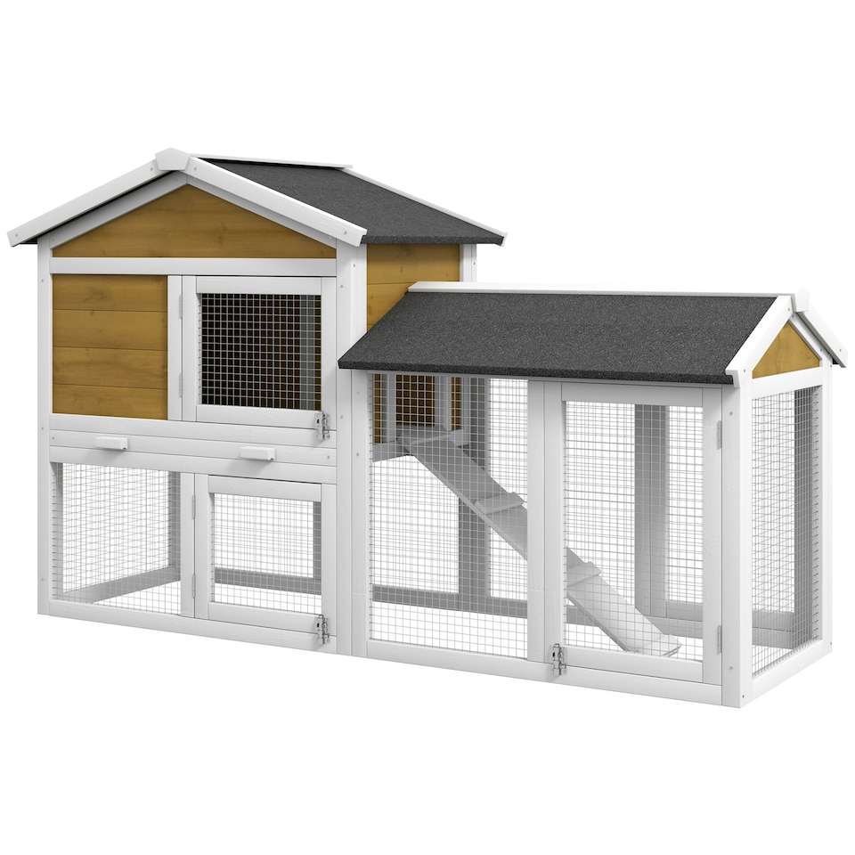 image 1 of PawHut Rabbit Hutch, Guinea Pig Hutch Outdoor Double Tier w/ Ramp, Yellow