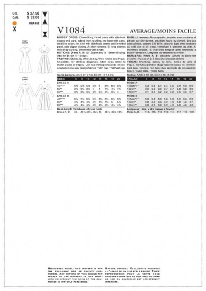 image 1 of Vogue 1084 Paper Sewing Pattern – Women’s Dresses & Vintage Style, UK Sizes 6–8–10–12, Intermediate