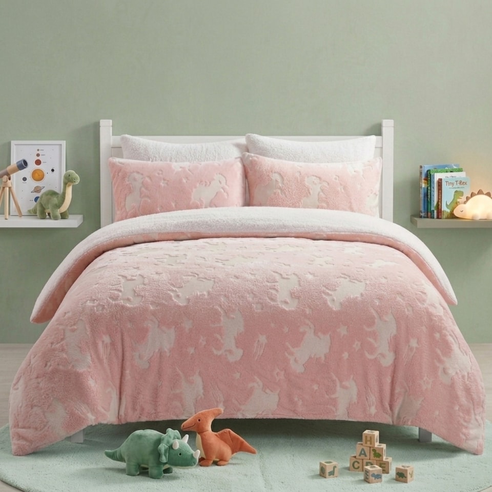 image 1 of Glow in the Dark Teddy Unicorn Design Bedding Cute Kids Duvet Set | Pink | Single
