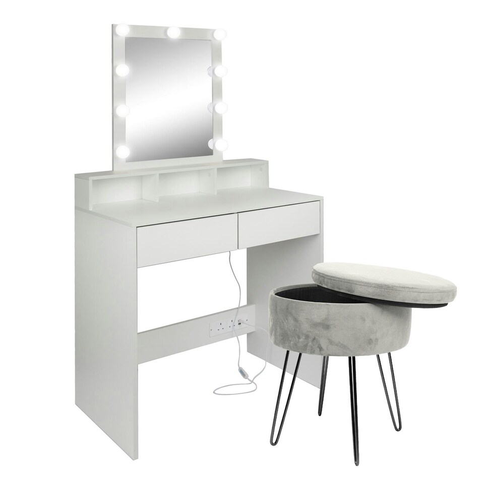 image 1 of Harbour Housewares Wooden Dressing Table Set with LED Lights & Grey Stool - White Grey