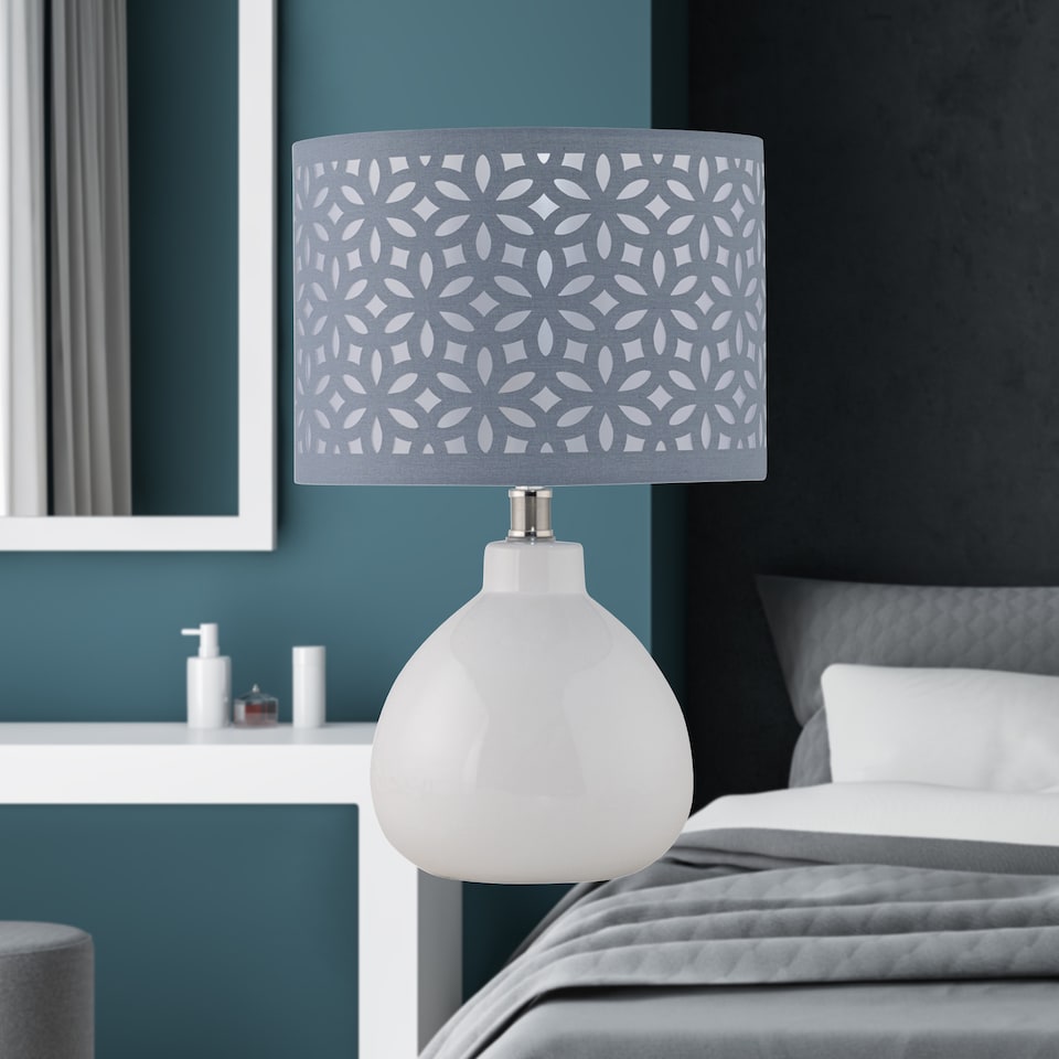 image 1 of Set of 2 Tuscan - White Ceramic Lamps with Grey Cut Out Shade | White | Grey | Medium | 2