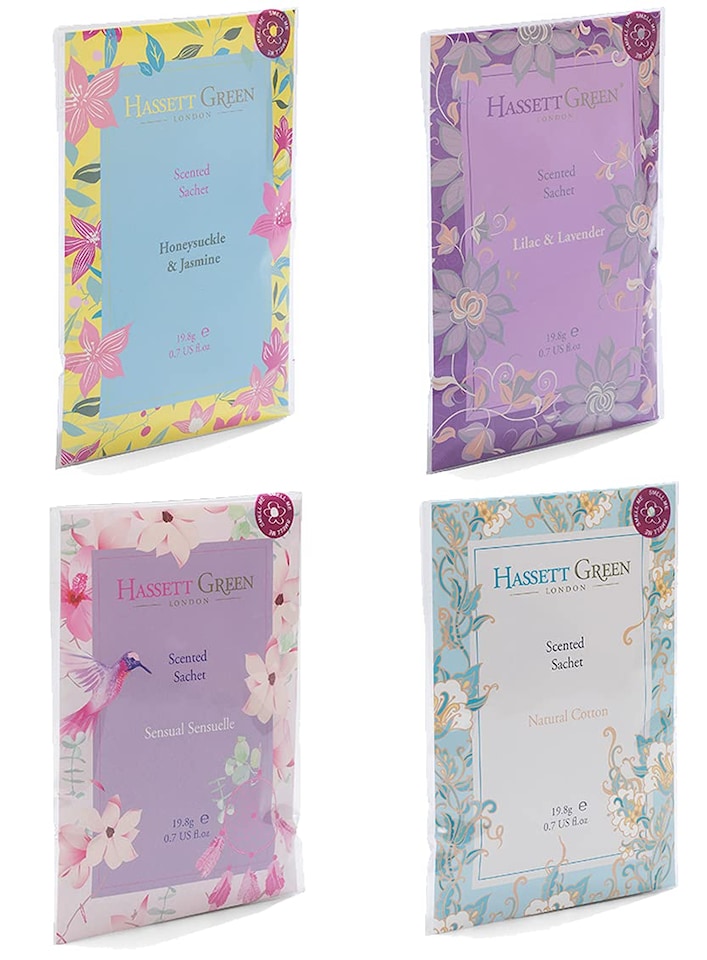 image 1 of Hassett Green London - Handmade Large Scented Sachets - Four Pack - Honeysuckle & Jasmine, Lilac & Lavender, Natural Cotton, Sensual Sensuelle - For Wardrobes & Drawers