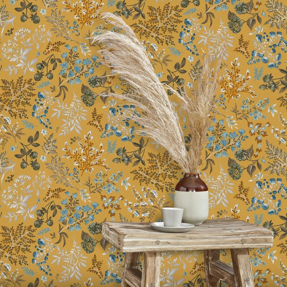 image 1 of Erismann Abode Cottage Floral Leaves Wallpaper - Ochre/Multicoloured - 10m x 53cm Multi