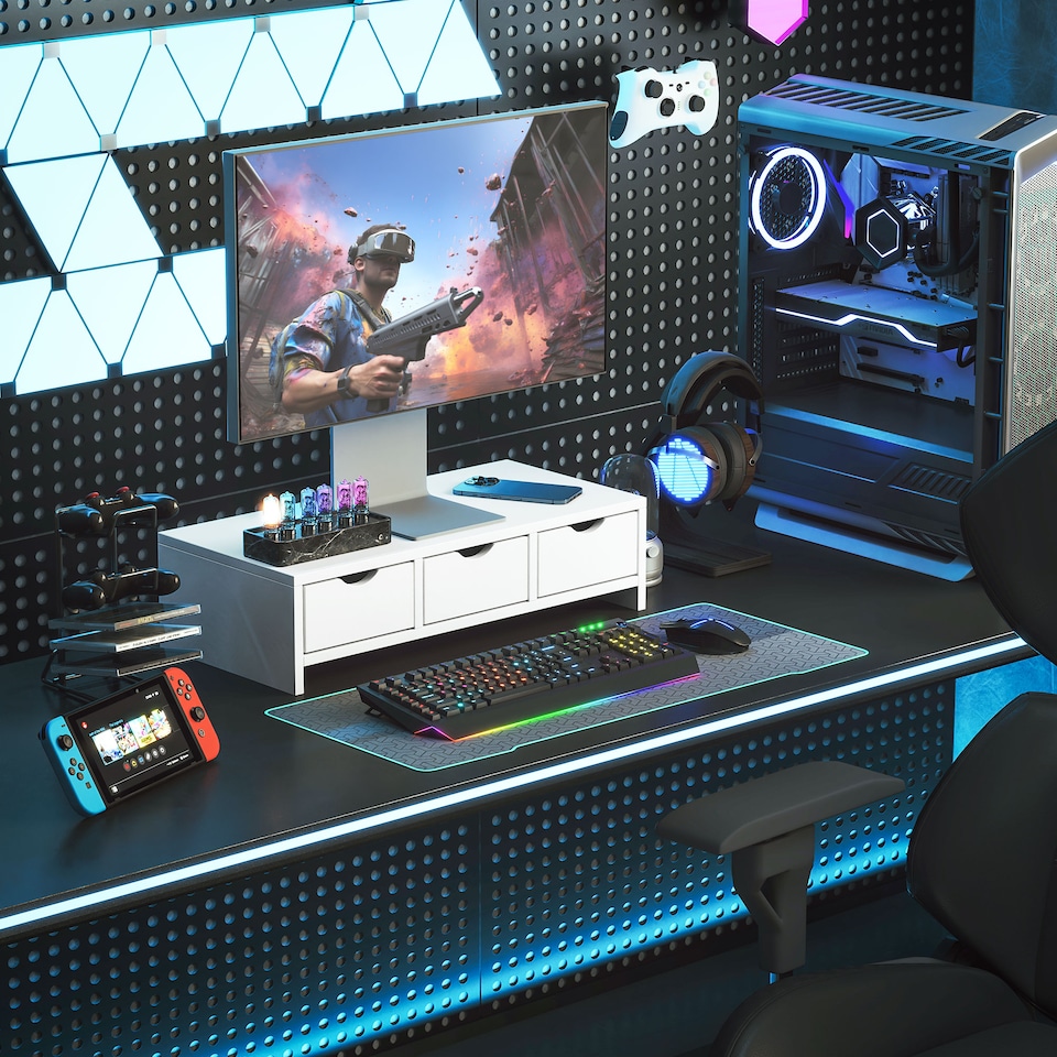 image 1 of HOMCOM Monitor Stand Riser with 3 Drawers, Monitor Riser for Laptop, Computer, PC, Small Printer, 51 x 24 x 13cm, White