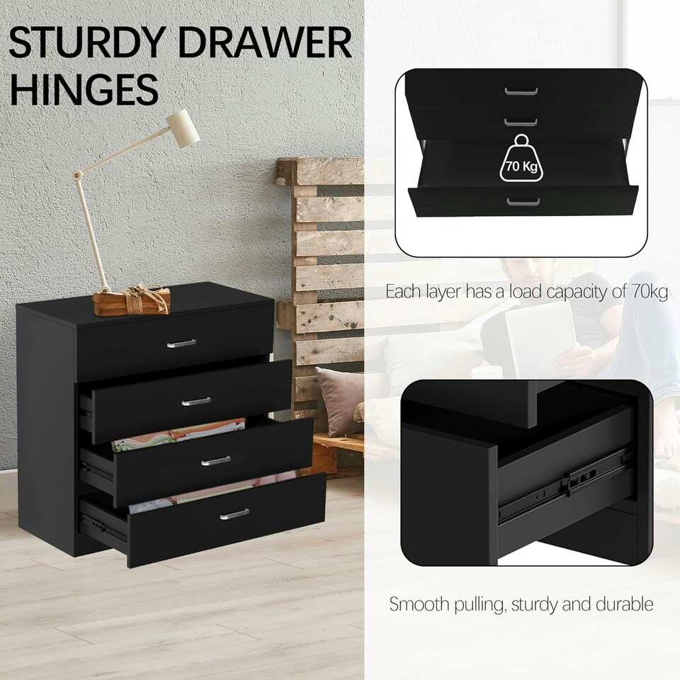image 1 of Alivio 4 Drawers Bedside Storage Cabinet for Bedroom, Living Room, Dressing Room (Black)