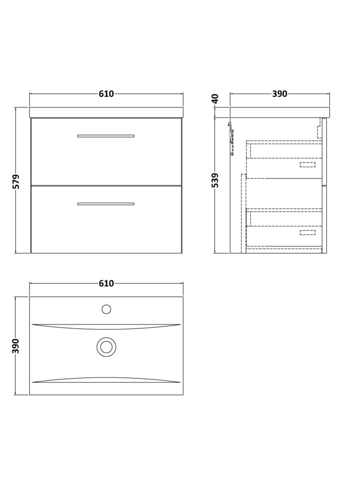 image 1 of Balterley Wall Hung Bathroom 2 Drawer Vanity Unit and 1 Tap Hole Ceramic Basin, with Handles | Grey | Soft Black