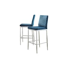 Furniturebox 2x Milan Bar Stools Navy Blue Velvet Silver Legs