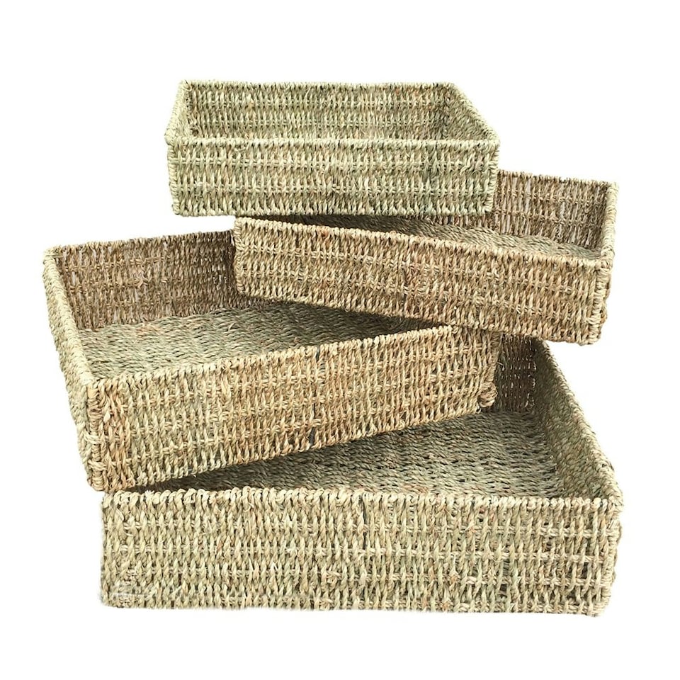 image 1 of Set of 4 Rectangular Seagrass Tray Brown | Brown