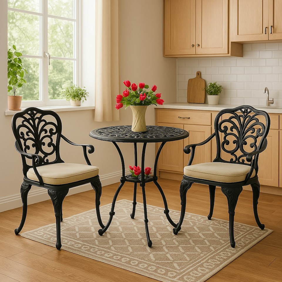 image 1 of Centurion Supports BANGUI Black Garden and Patio Table and 2 Chairs Cast Aluminium Bistro Set