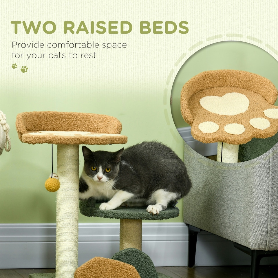 image 1 of PawHut Small Cat Tree with Scratching Posts 2 Beds Toy Ball Indoor, Multi