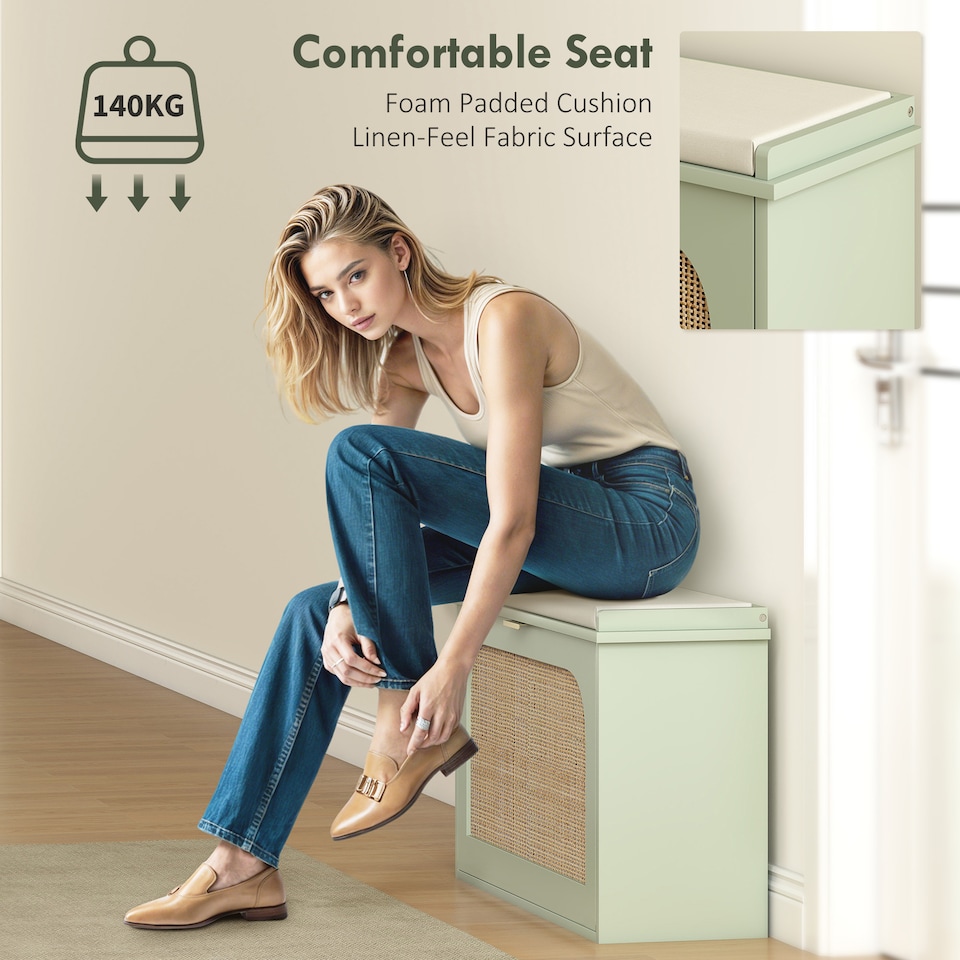 image 1 of HOMCOM Narrow Shoe Bench with Padded Seat and Flip-Drawer, Boho Shoe Storage Bench with Rattan Door and Adjustable Shelf for Hallway, Entryway, Holds 8 Pairs, Light Green | Green | Light Green