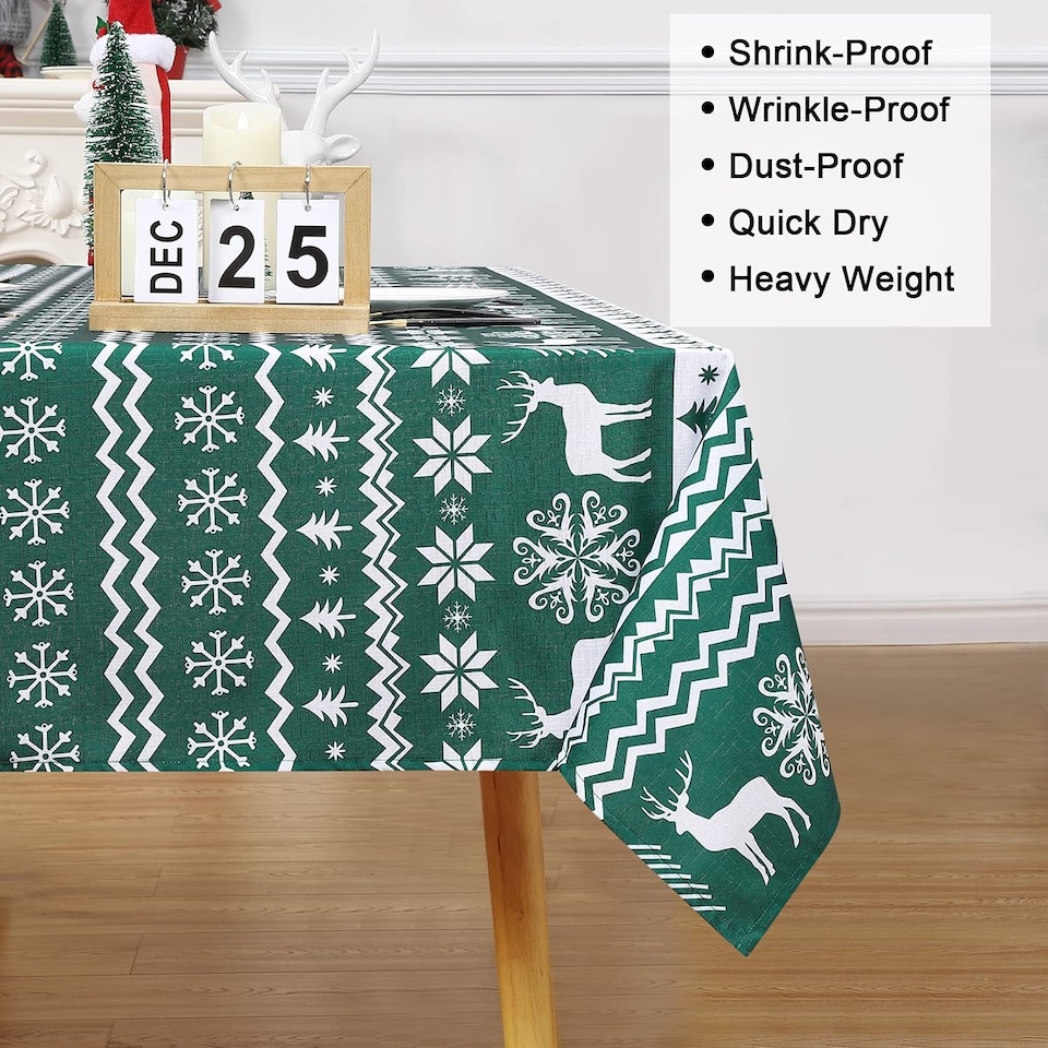 image 1 of London Boutique Round Christmas Tablecloth, Stain‑Resistant Wrinkle‑Resistant, Snowflake and Reindeer Print, Green, 60 in