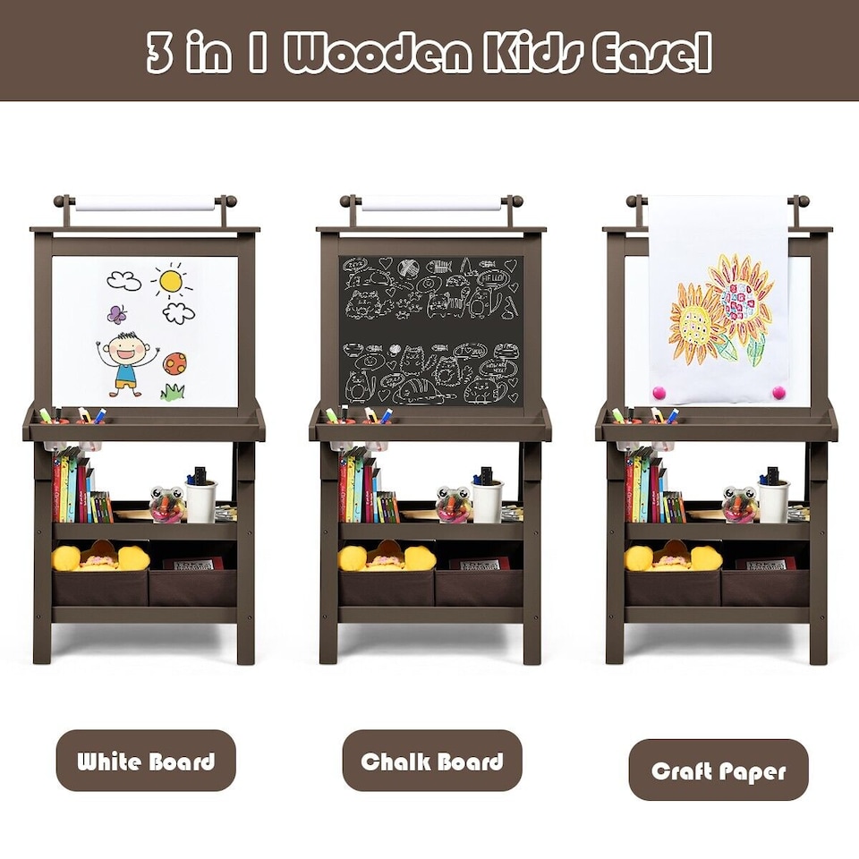 image 1 of COSTWAY 3 in 1 Kids Art Easel Double-Sided Blackboard Magnetic Whiteboard W/ Paper Roll