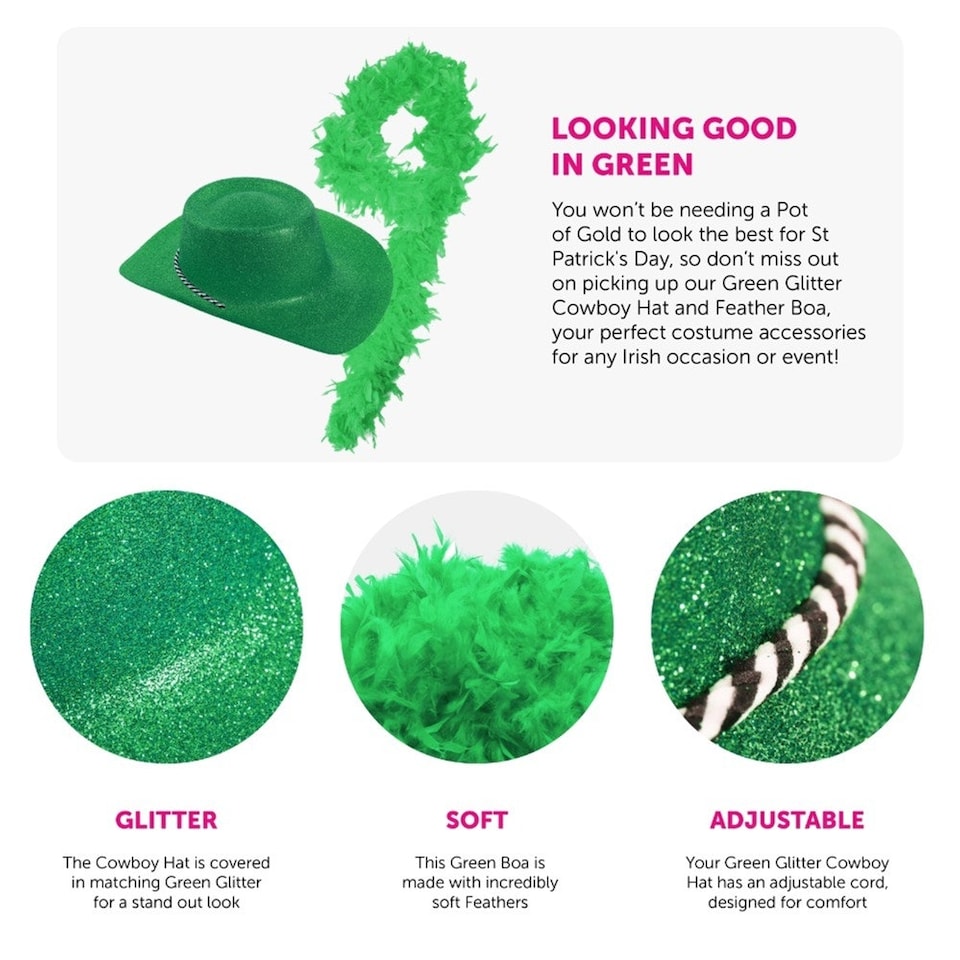 image 1 of Pack of 1 Green Glitter Cowboy Hat & Feather Boa Green | One Size