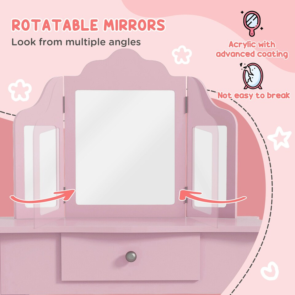 image 1 of HOMCOM Makeup Dressing Table Set with Tri-Folding Mirror and Drawer, Pink Pink
