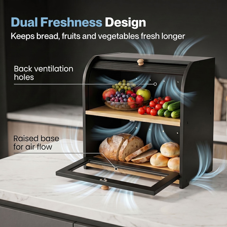 image 1 of Toque Bread Box 2-Tier Large Capacity Roll Top Black Bamboo Acrylic Door