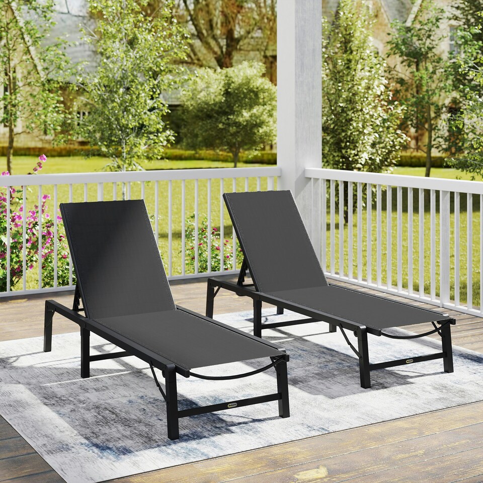 image 1 of Outsunny Folding Sun Lounger Set of 2, 5-Position Reclining Sun Bed Black | Black