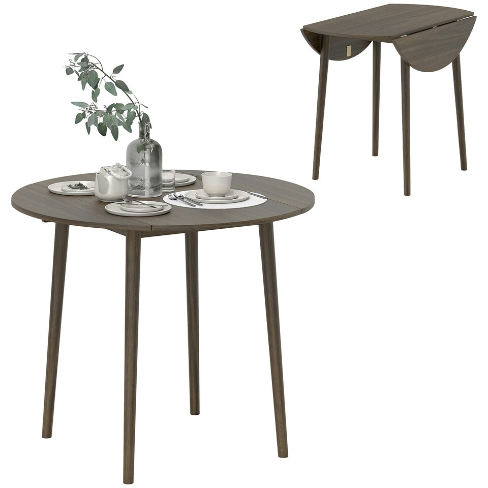 image 1 of HOMCOM Foldable Dining Table, Round Drop Leaf Table, Wood Legs, Grey