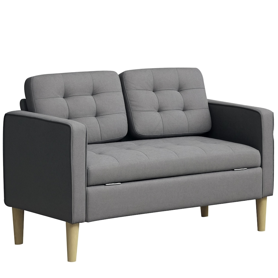 image 1 of HOMCOM Modern 2 Seater Sofa with Hidden Storage, 117cm Tufted Cotton Couch with Wood Legs, Compact Loveseat for Living Room, Kitchen, Grey