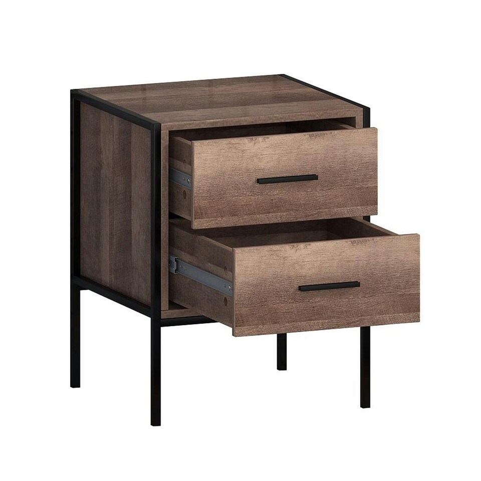 image 1 of FWStyle Loft Industrial 2 Drawer Bedside Table Wood Effect Black Metal Frame