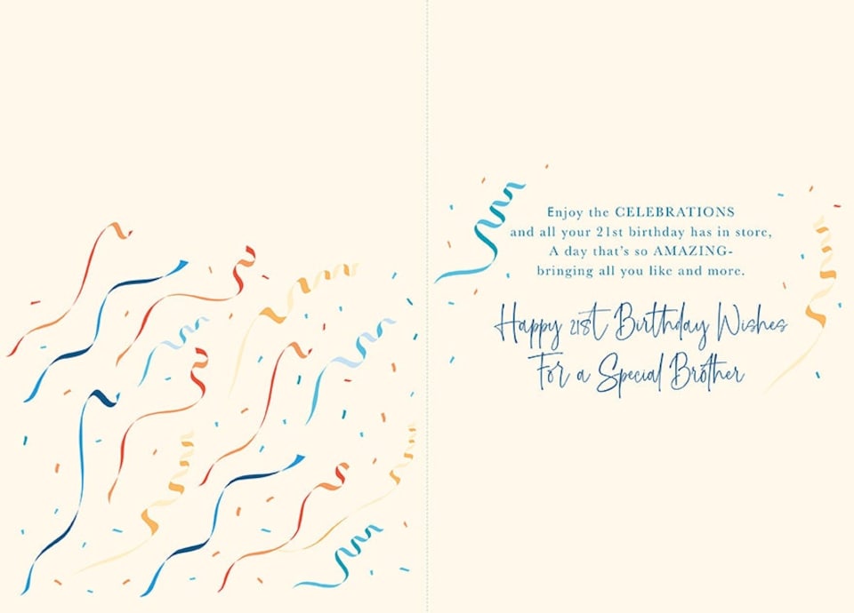 image 1 of Words 'n' Wishes Amazing Brother 21st Birthday Card - Card for Brother Age 21 with Contemporary Party Popper and Fireworks Design