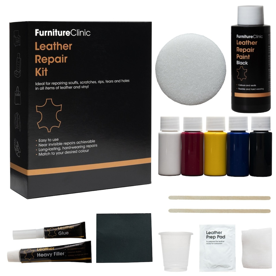 image 1 of Complete Leather Repair Kit (Black) -12 Colour Options for Sofas, Car Seats - Matches All Shades of Leather - Patch, Fill & Touch up Scratches, tears and Other Damaged Areas