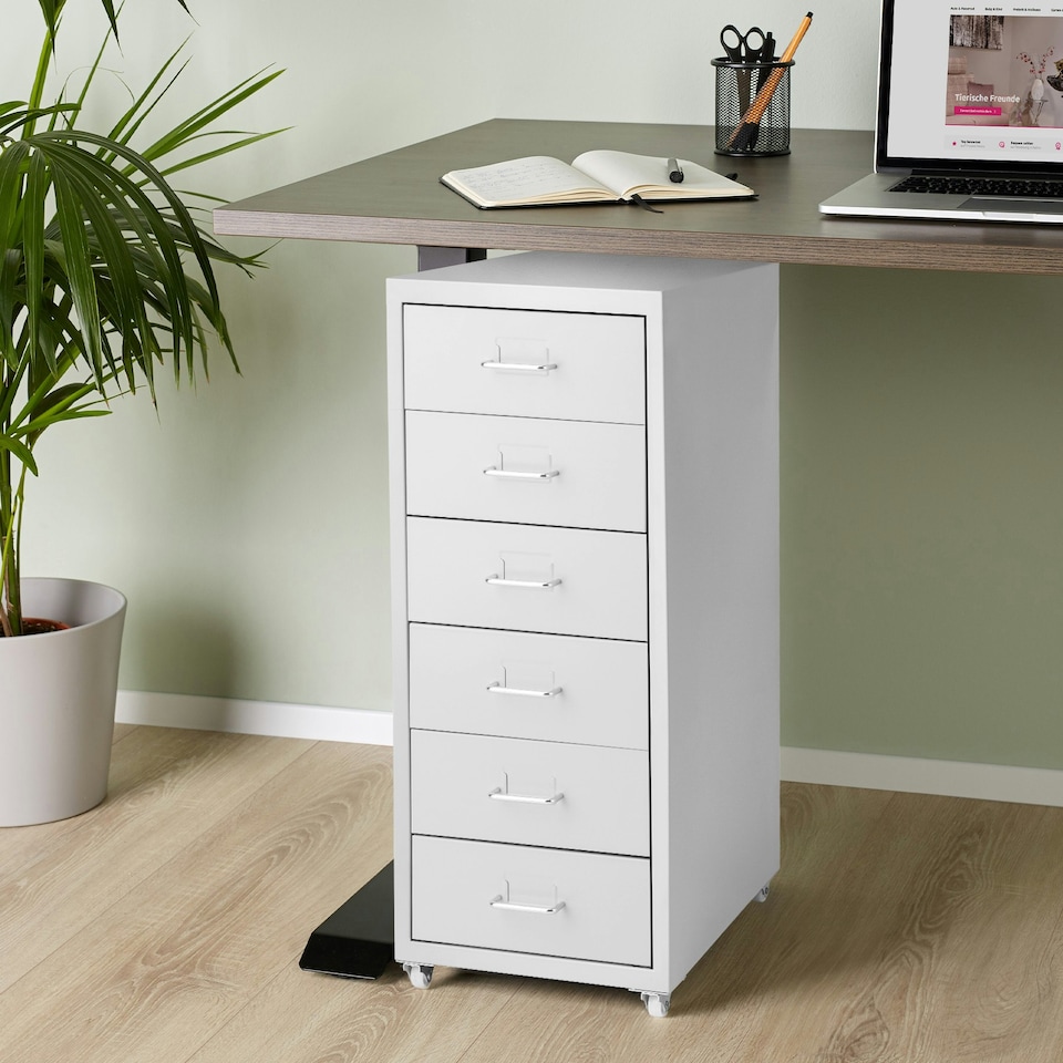 image 1 of Filing Cabinet - made of steel, 4 wheels, 6 drawers, label holders, easy assembly Grey | Light Grey
