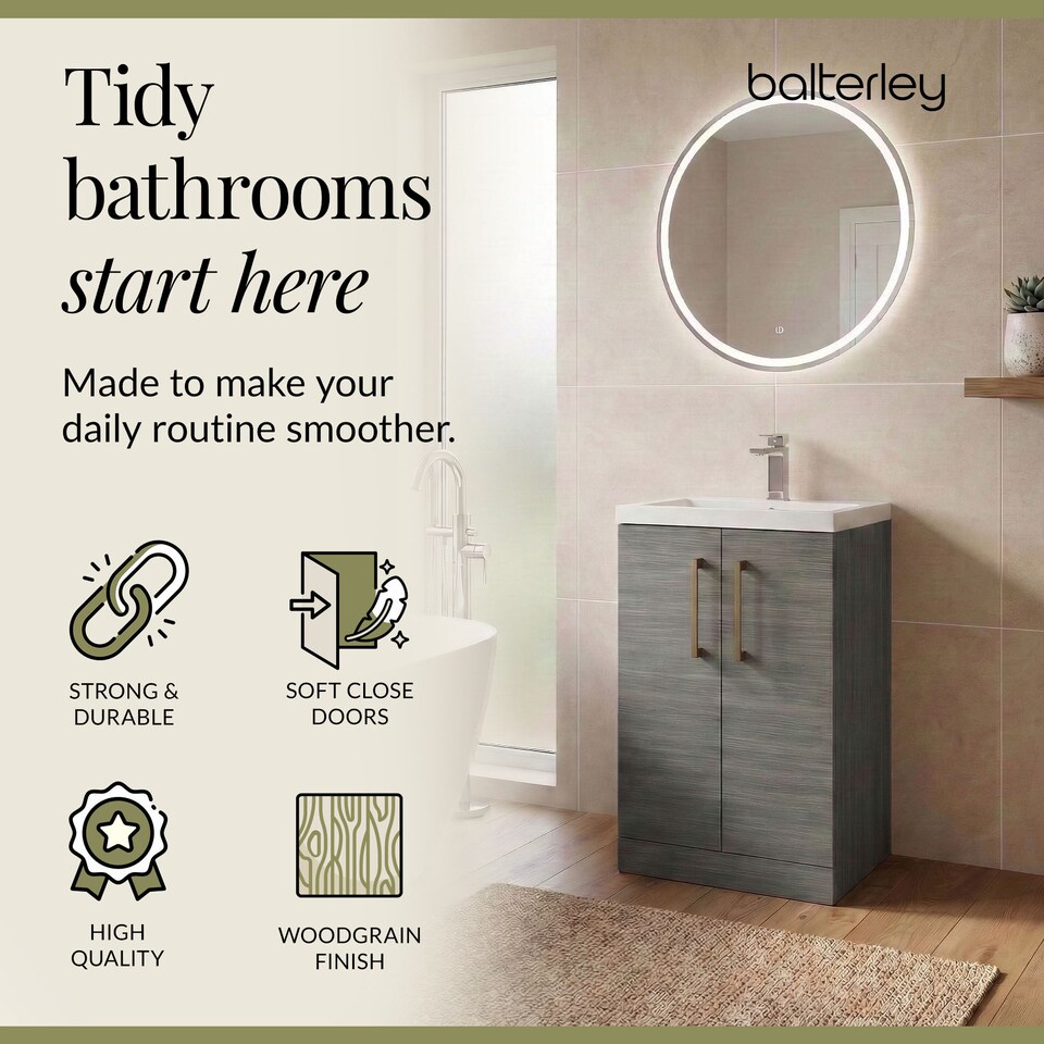image 1 of Balterley Level Compact Bathroom Cloakroom Vanity Basin Unit with Ceramic Basin, Handles | Grey | Grey Woodgrain | 840 x 510 x 360mm