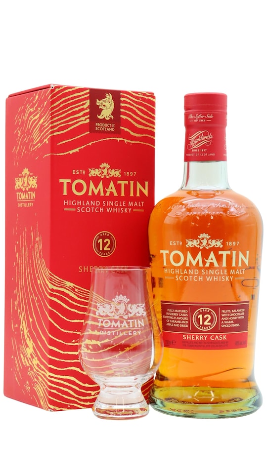 image 1 of Tomatin - Sherry Cask Matured Highland Single Malt Scotch 12 year old Whisky (Includes Glencairn Glass)