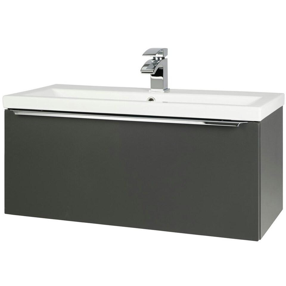 image 1 of 800mm Bathroom Matt Dark Grey Wall Mounted Vanity Unit and Basin (Central) - Brassware Not Included Grey
